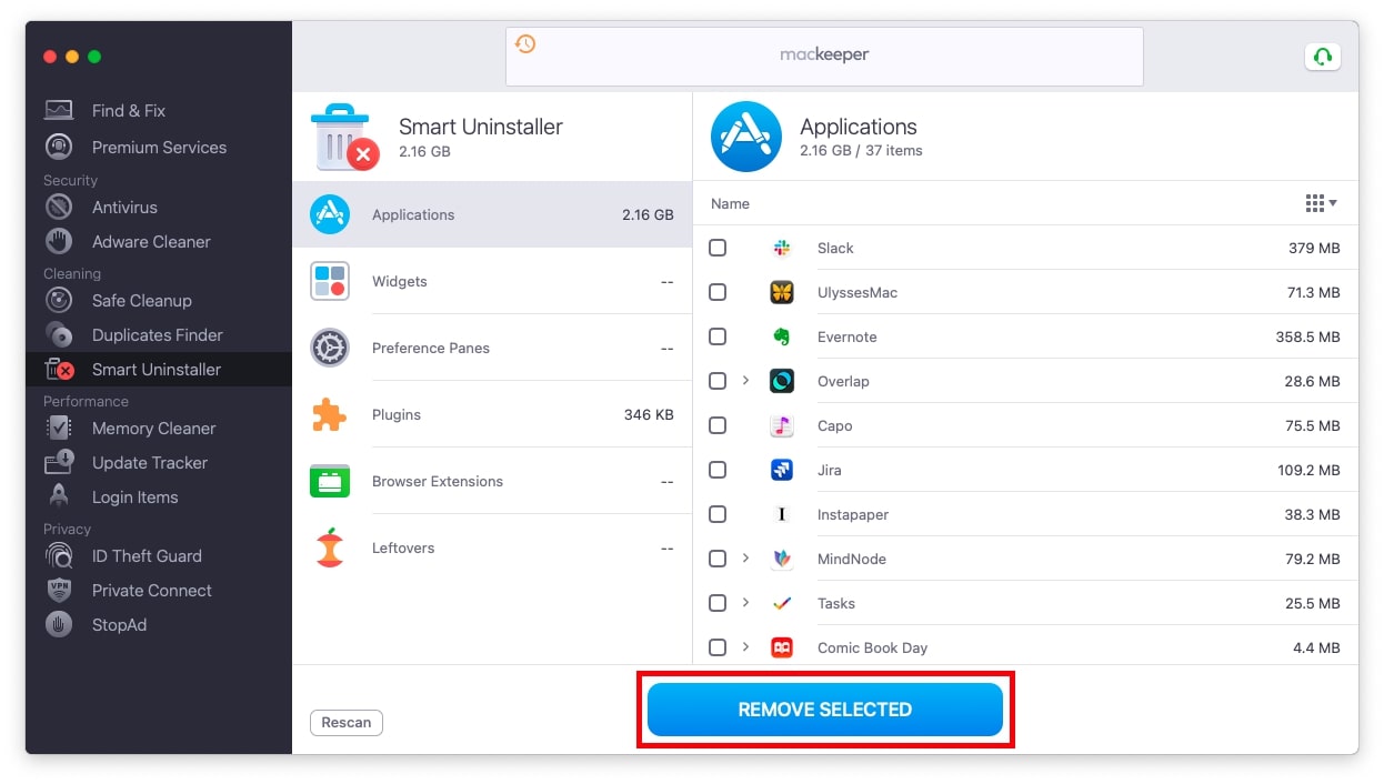 MacKeeper’s Smart Uninstaller displays applications. To delete an app from a Mac with MacKeeper, find it on the list and press Remove Selected.