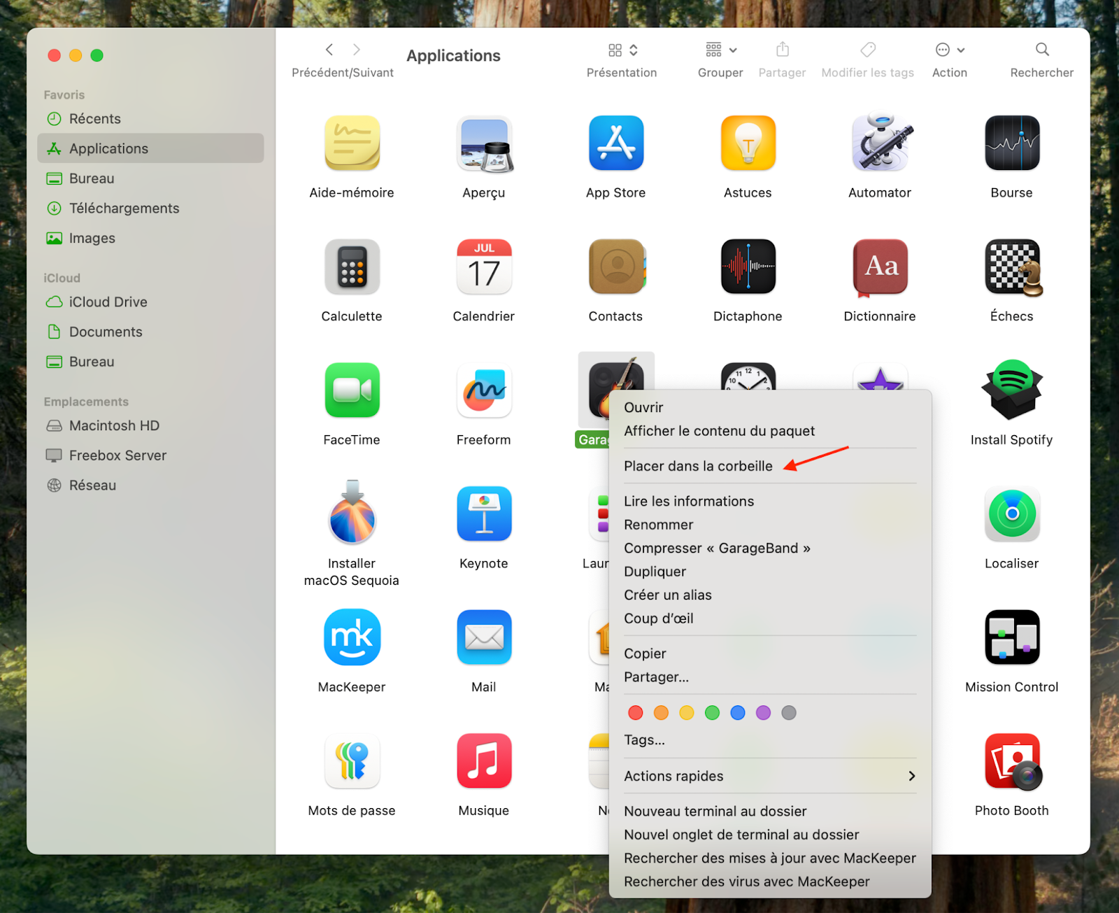 Toutes les applications sont dans le Finder sur macOS Monterey. Effectuez un clic droit sur l'application que vous souhaitez supprimer, puis cliquez sur Placer dans la corbeille.