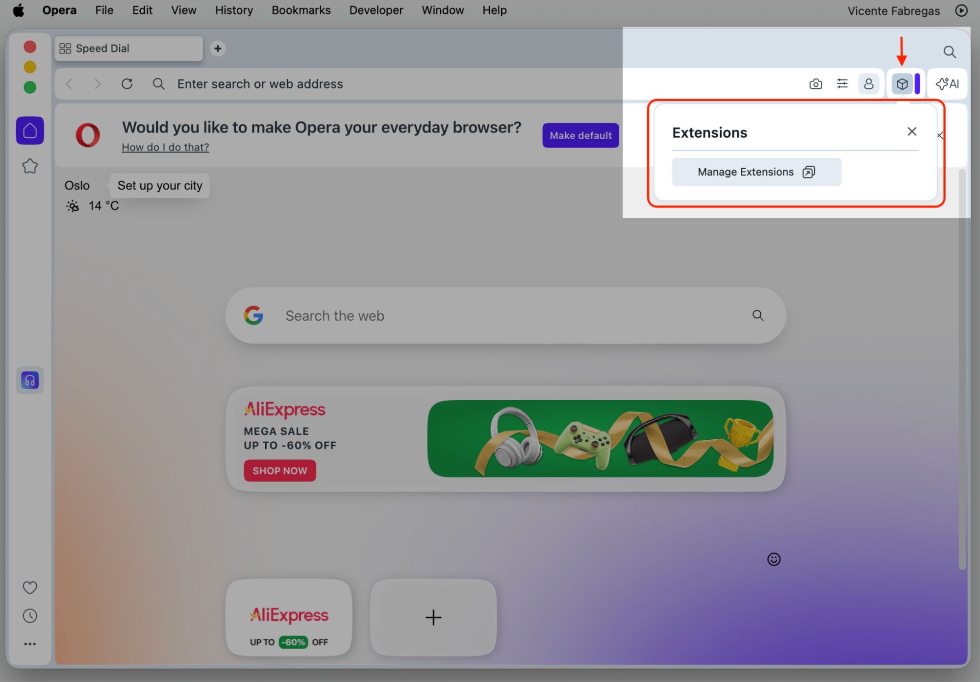 Opera browser open on a MacBook with the Extensions panel showing the Manage Extensions button to remove Chromium-related add-ons on macOS.