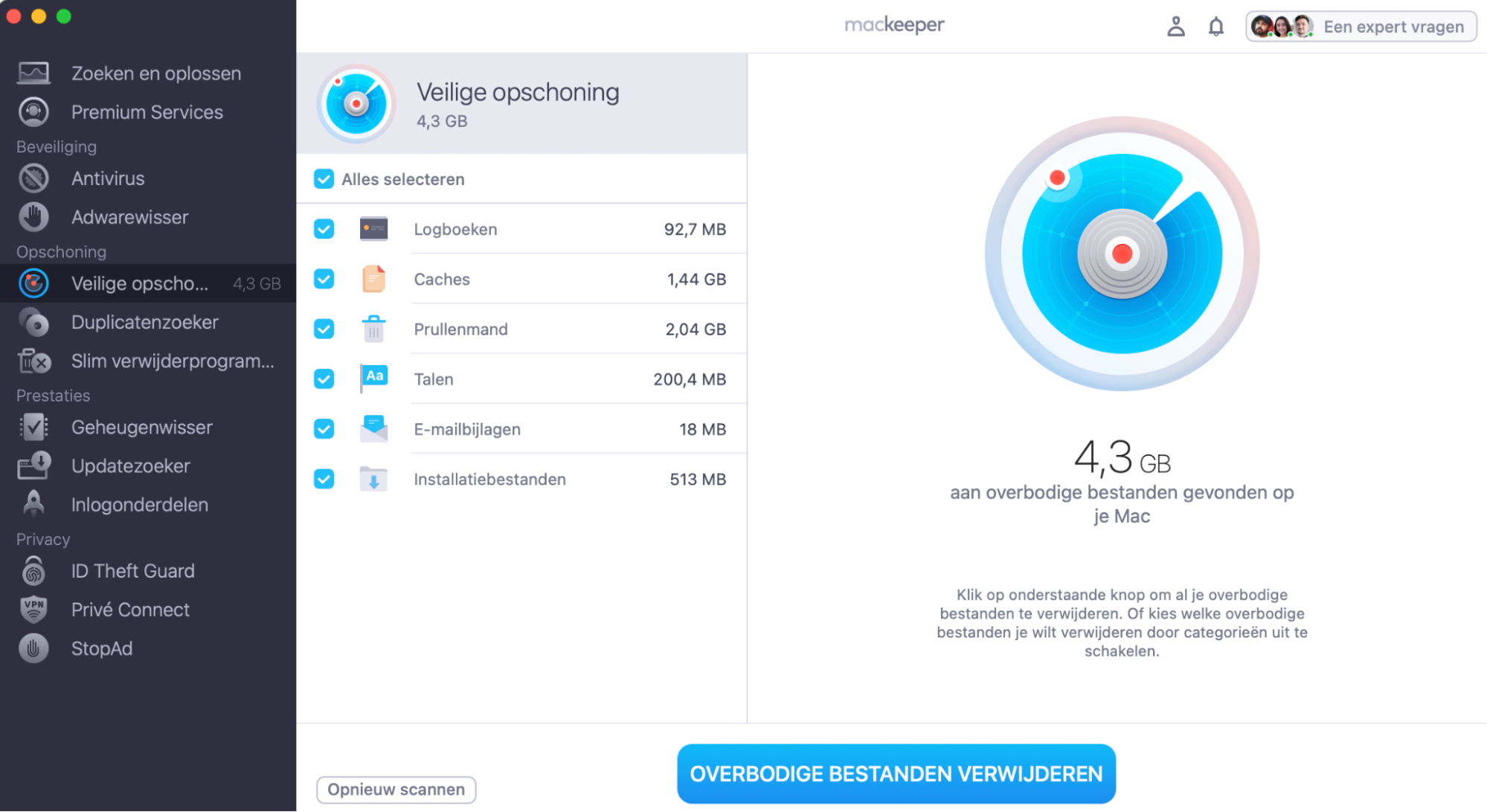 Selecteer de onderdelen die je wilt verwijderen en klik op Overbodige bestanden verwijderen. Of vink het vakje naast Alles selecteren aan en klik daarna op Overbodige bestanden verwijderen.