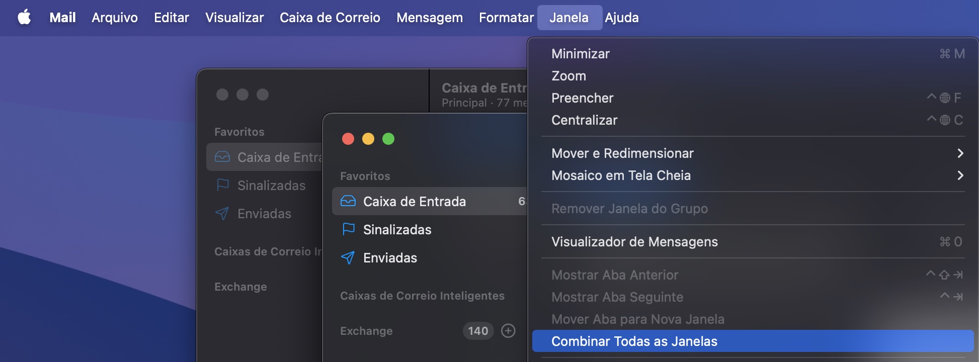 No app Mail, vá na aba Janela e, no menu suspenso que se abrir, encontre e selecione Combinar Todas as Janelas como outro método de solução para corrigir o mau funcionamento.