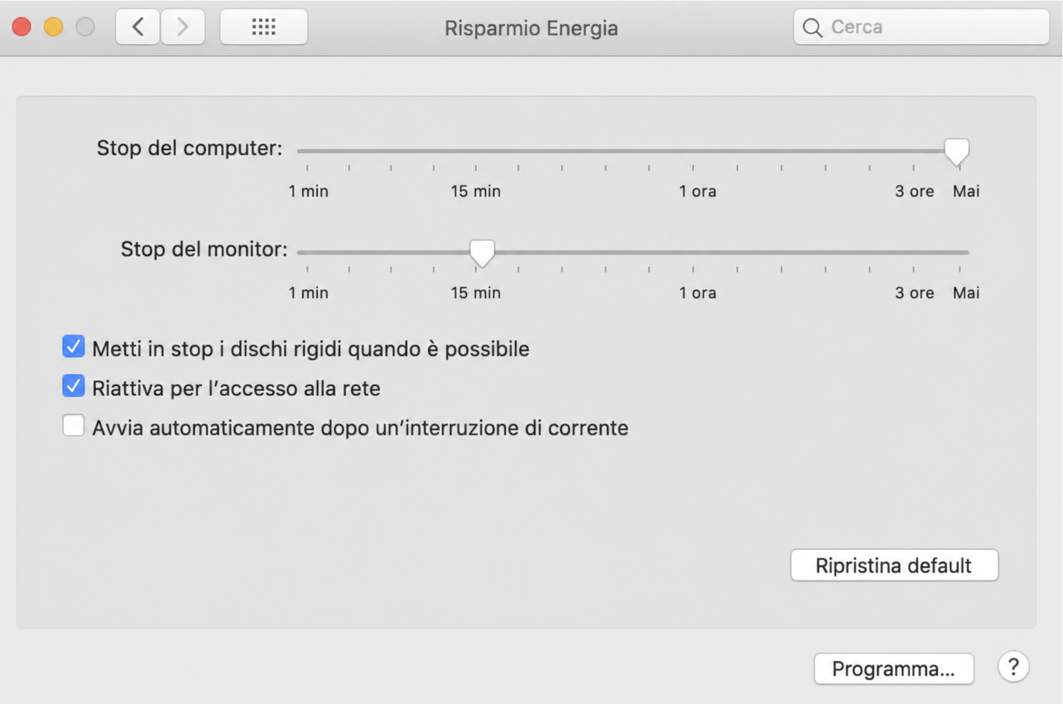 Nella sezione Risparmio energia delle Preferenze di Sistema del Mac, usa il cursore accanto a Sospensione computer spostandolo su Mai.