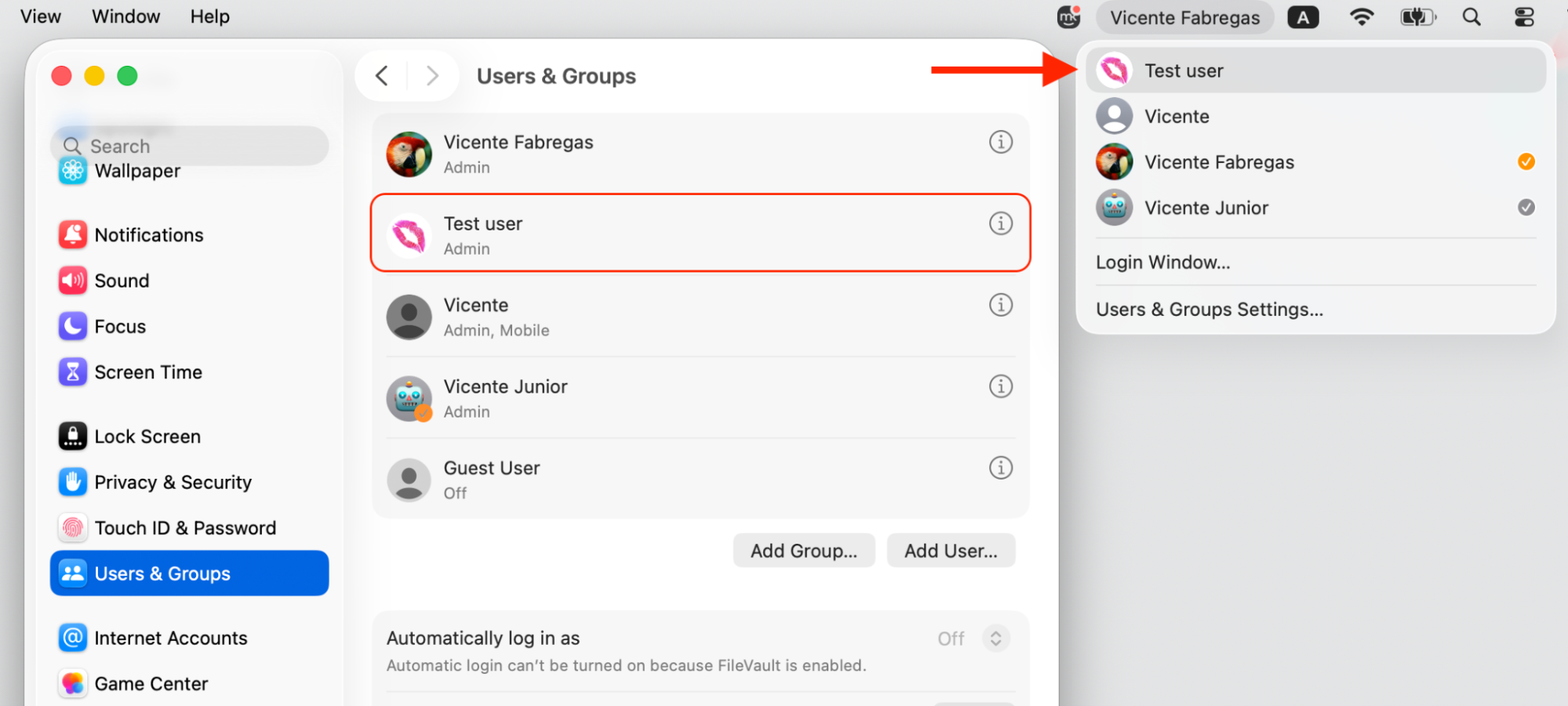 macOS Users & Groups on an Apple computer showing the new Test user account and the fast user-switching menu in the top-right menu bar.