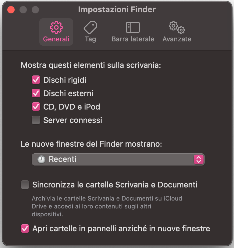 Per mostrare le icone nascoste sul desktop del Mac, seleziona le caselle accanto agli elementi che vuoi vedere sul desktop o seleziona tutti gli elementi nell'elenco: Dischi esterni, Hard disk, CD, DVD e iPod e Server collegati. Dopo aver selezionato gli elementi pertinenti, verifica se le loro icone sono visibili sul desktop.