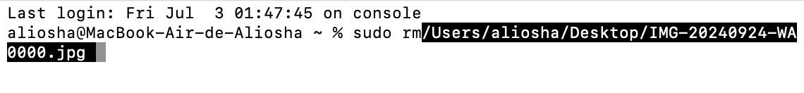 Vous devrez ensuite taper sudo rm dans le Terminal, avant de glisser-déposer vos fichiers. Appuyez ensuite sur la touche Entrée pour continuer le processus.
