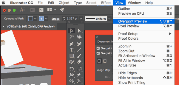 Open the View menu in Adobe Illustrator on your Mac and uncheck Overprint Preview to stop the extra rendering that slows down editing performance.
