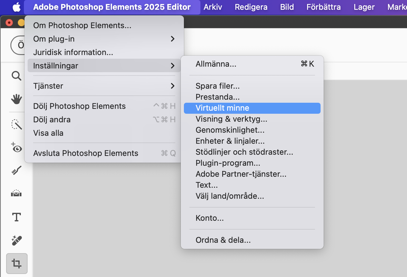 Photoshop på Mac som visar menyn Inställningar. För att flytta Photoshops scratch disk till en extern hårddisk, välj först Virtuellt minne.