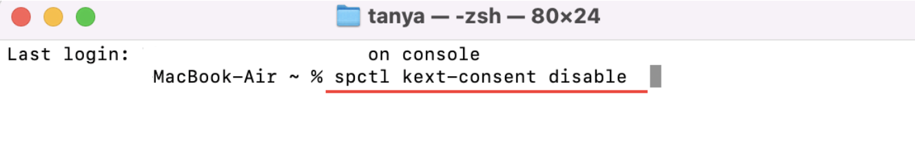 In Terminal, type in the following command to allow kernel extension and bypass consent: spctl kext-consent disable.