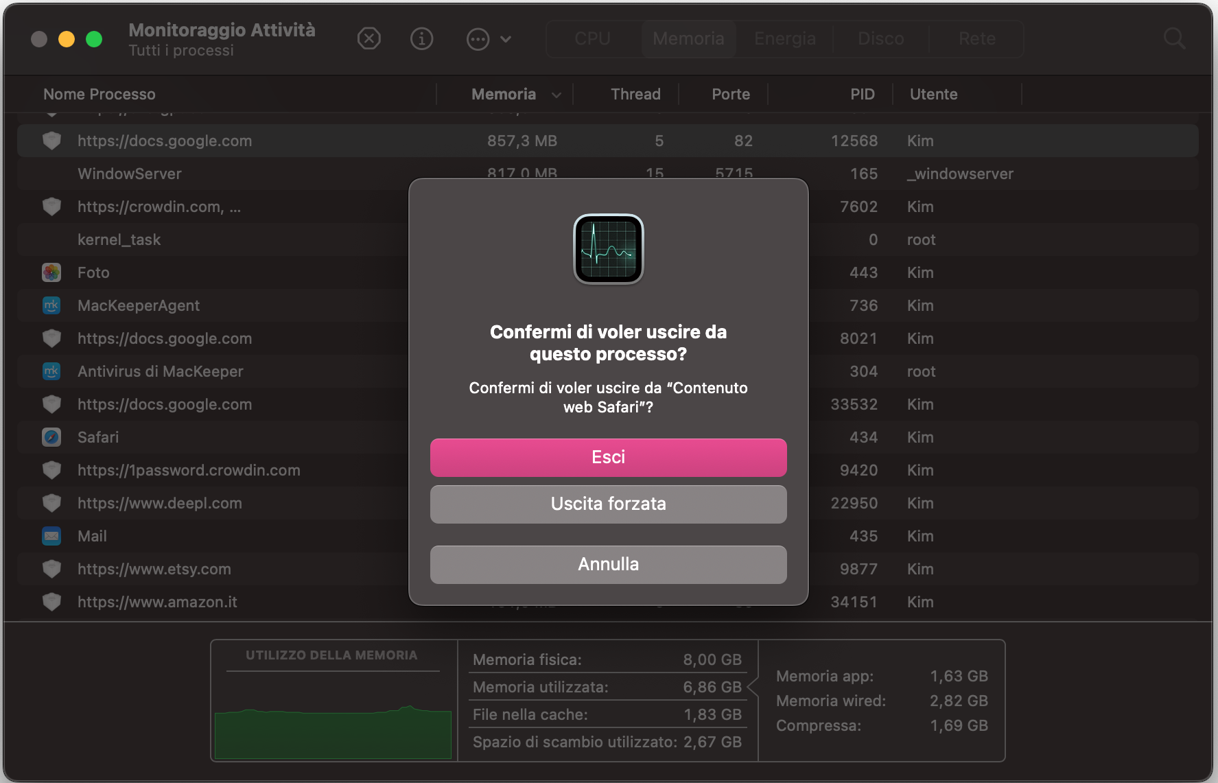 Comparirà una finestra pop-up che ti chiederà di confermare la scelta. Quando appare, seleziona Esci. Dopo averlo fatto, puoi chiudere l’app Monitoraggio Attività.