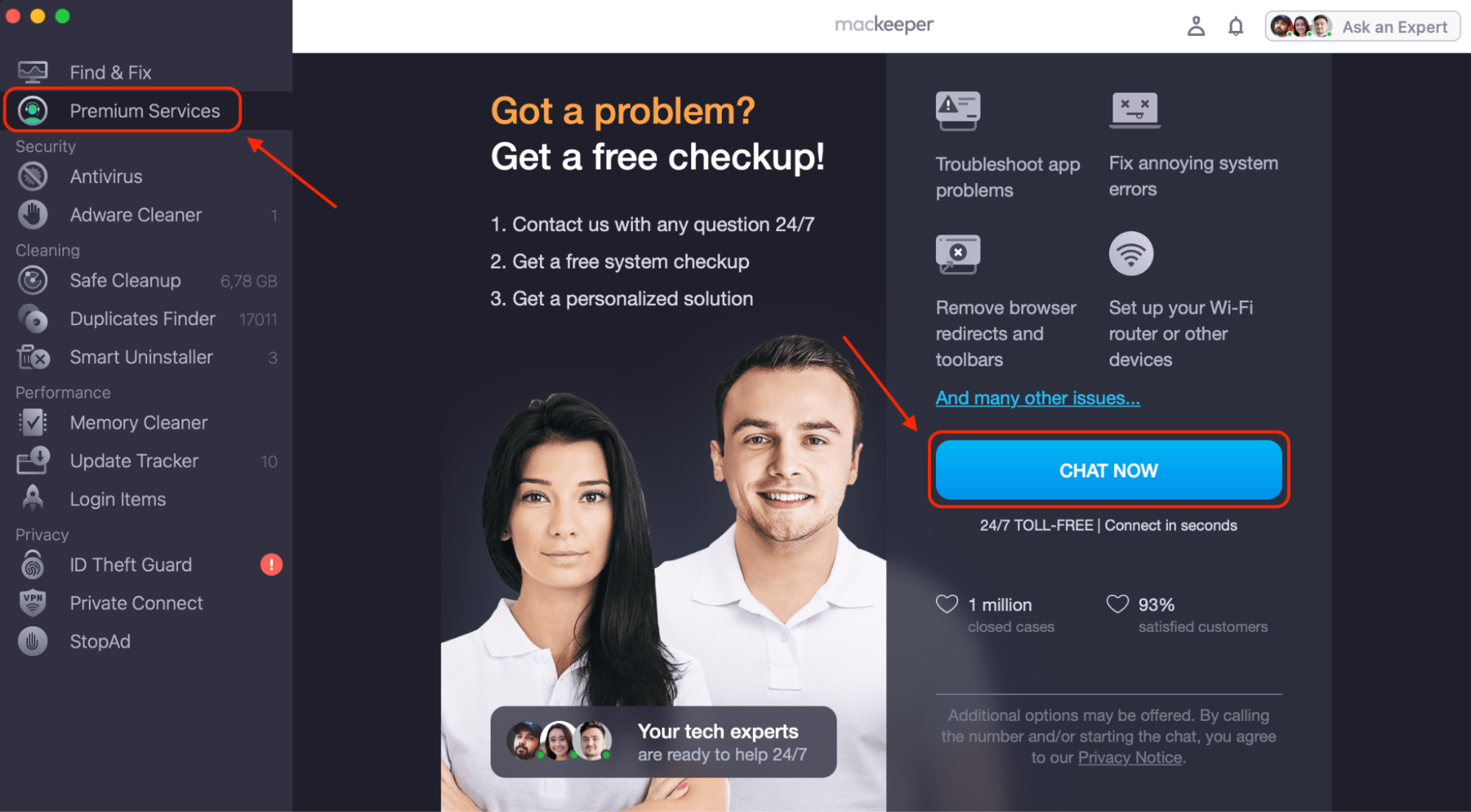 Open MacKeeper and select Premium Services at the top of the left sidebar, then click Chat Now to reach the support panel where the chat option sits.