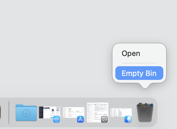 macOS Bin on a MacBook with the Empty option selected to delete cached installer files linked to installd high CPU usage.