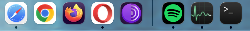 In de Dock van je Mac zie je welke apps momenteel actief zijn. Let op het zwarte puntje onder de app-iconen.