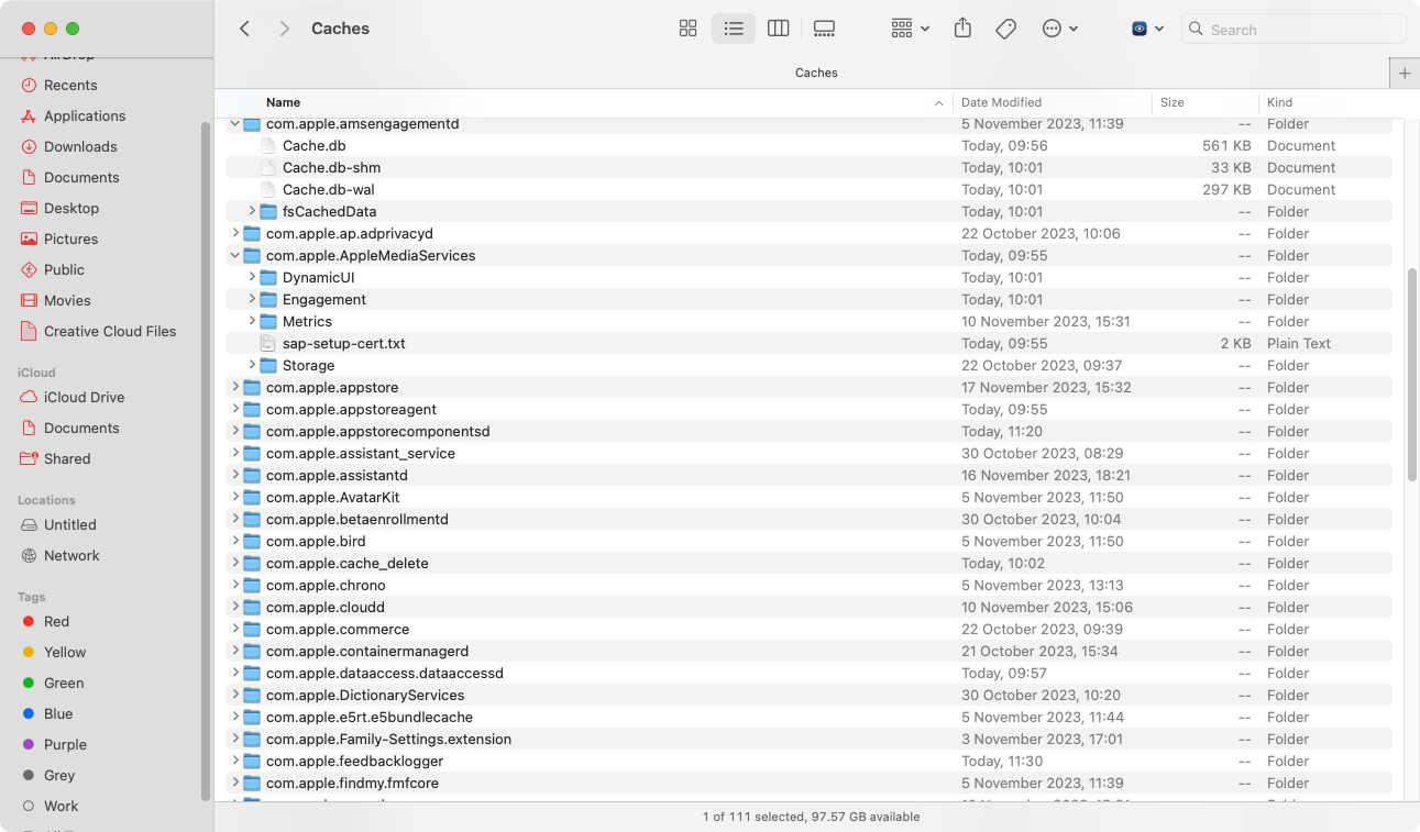 In this folder, you'll see the cached files created by many of the apps installed on your Mac. Deleting these files will clear those caches.