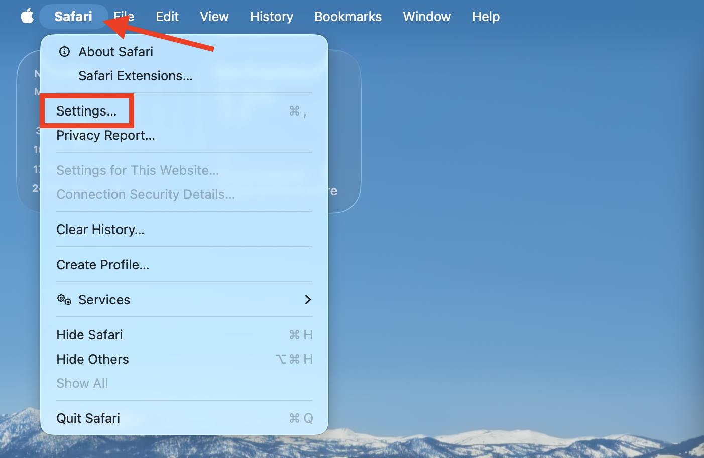 The Settings option inside the Safari menu on Mac. If you want to know how to turn off Safari notifications on Mac, first open the Settings menu then go to Websites > Notifications.