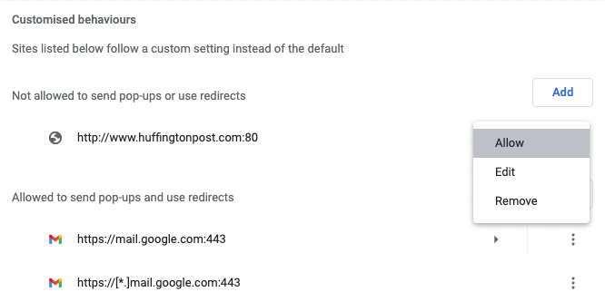 Allowing pop-ups for one site in Chrome.