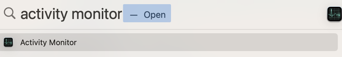 To end the mds_stores process, you'll need to go to Activity Monitor. Start this by going to Spotlight and searching for the app; it should be the first choice that appears.
