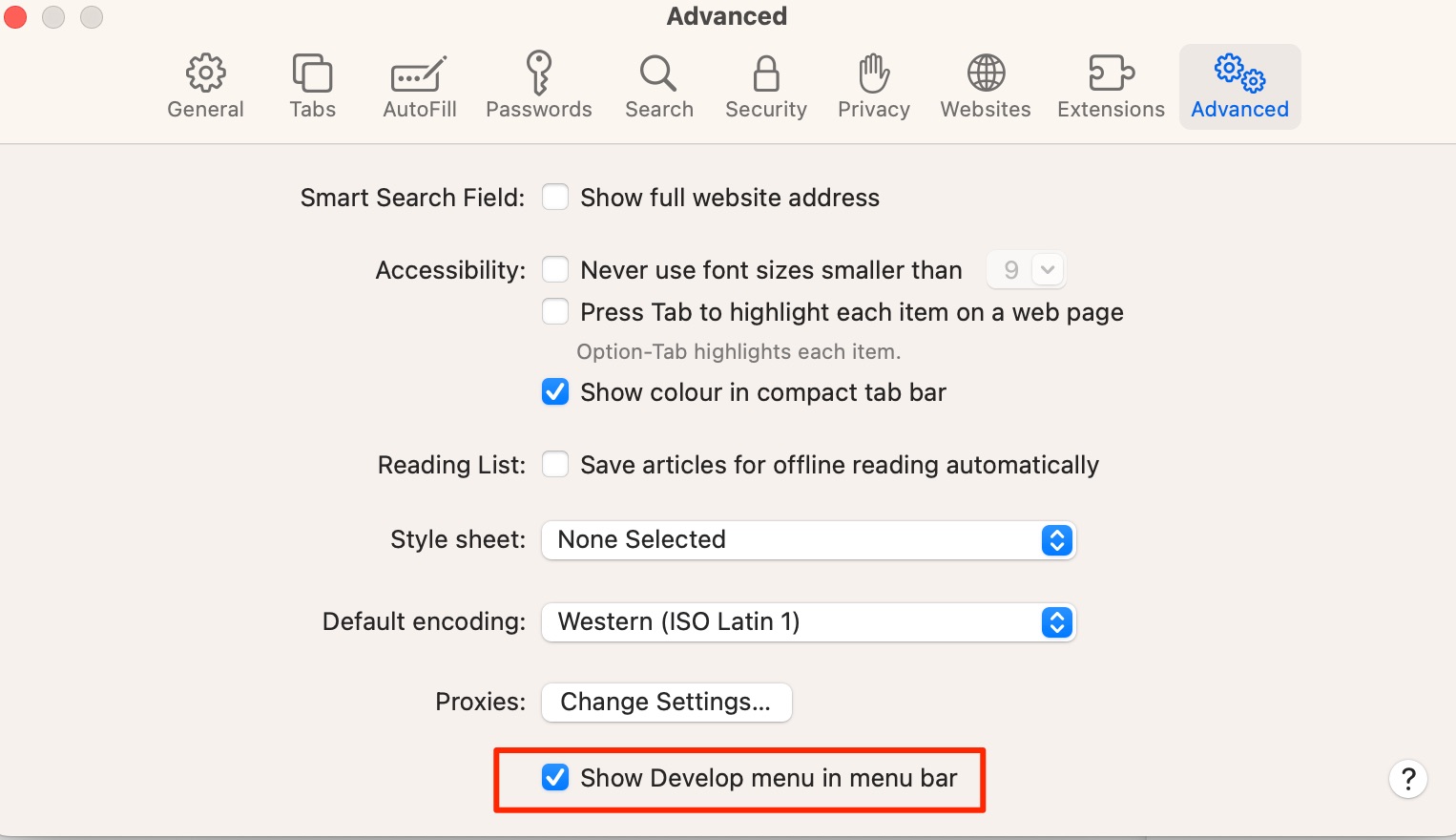 how to show the develop menu in safari settings on mac