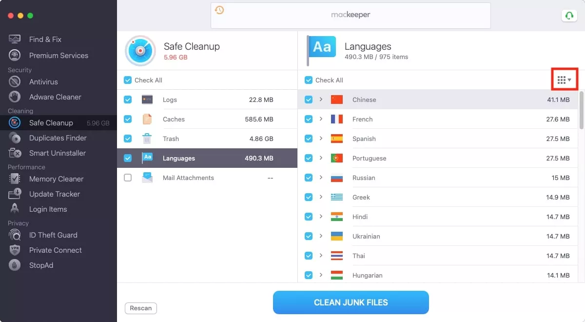 mackeeper safe cleanup sort by size