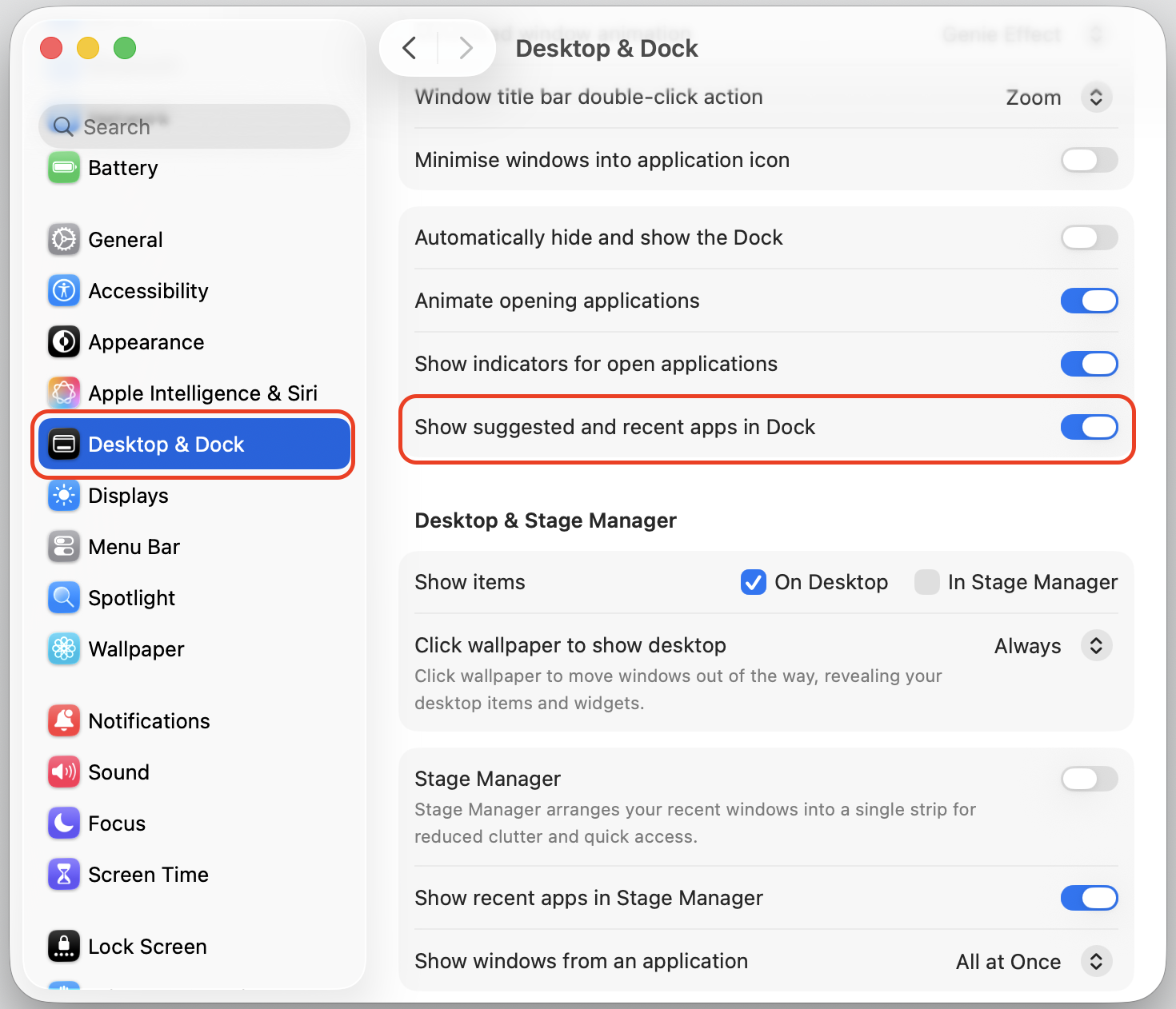 The Desktop & Dock pane in System Settings on macOS Tahoe with Show suggested and recent apps in Dock toggled on an Apple device.