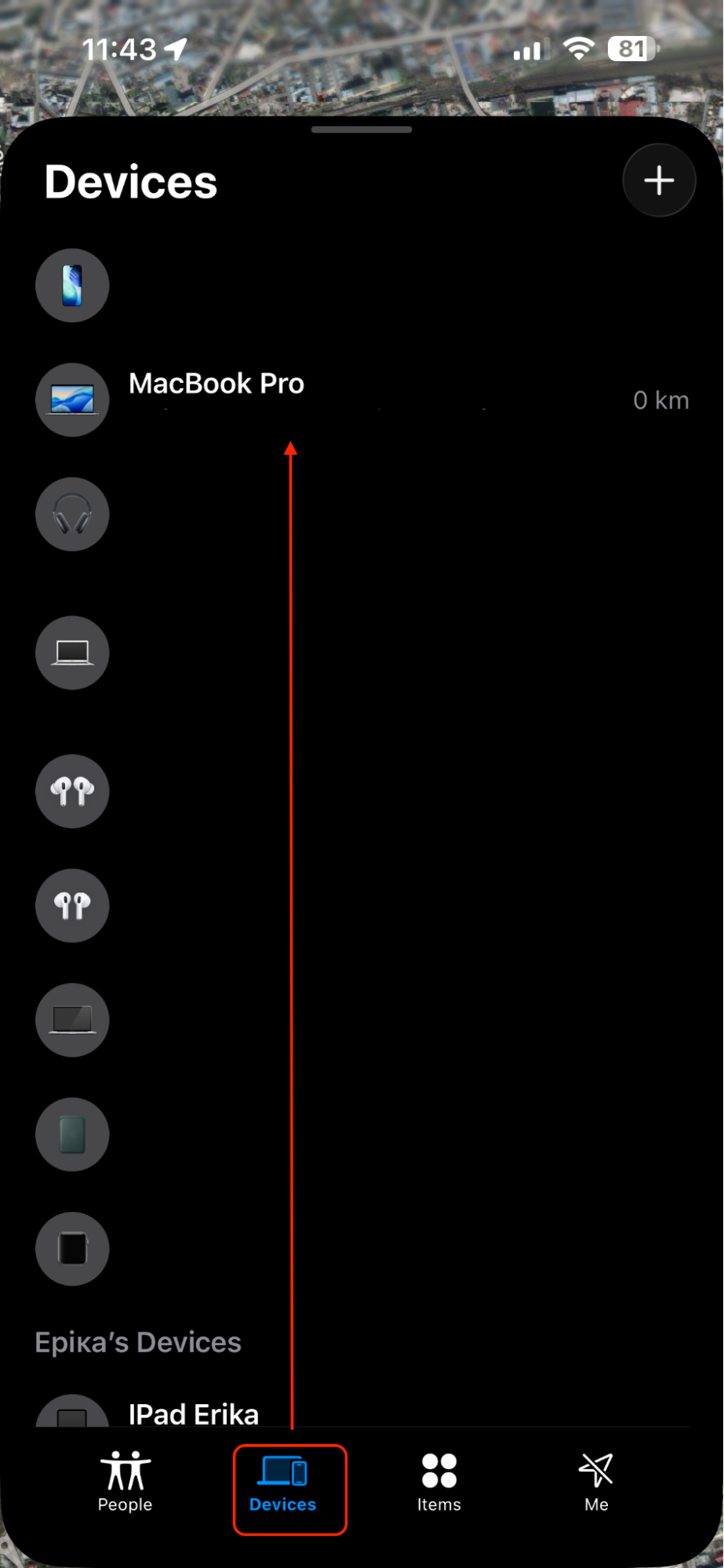 Find My app Devices tab on an iPhone with the Mac selected from the device list to begin a remote erase of the Apple computer.