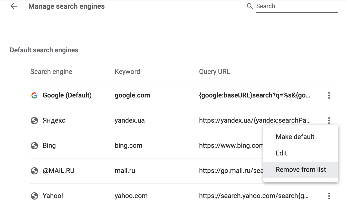 remove search engine from list of default engines in chrome remove search engine from list of default engines in chrome