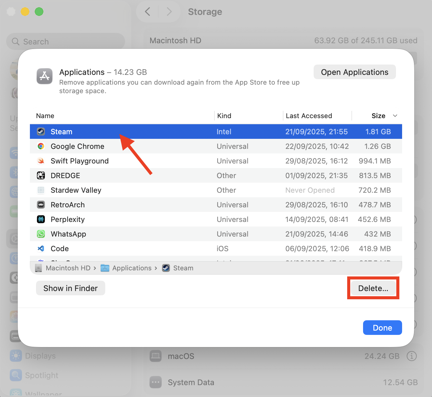 A list of applications in the Storage menu in System Settings on Mac. You can delete items from here to free up space when you find Disk Utility not loading on Mac.