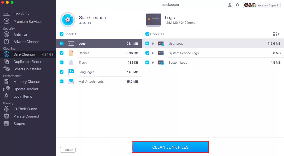 The Safe Cleanup application window highlights the clean junk files button to begin the process to clear browser cache on Mac. The Safe Cleanup application window highlights the clean junk files button to begin the process to clear browser cache on Mac.