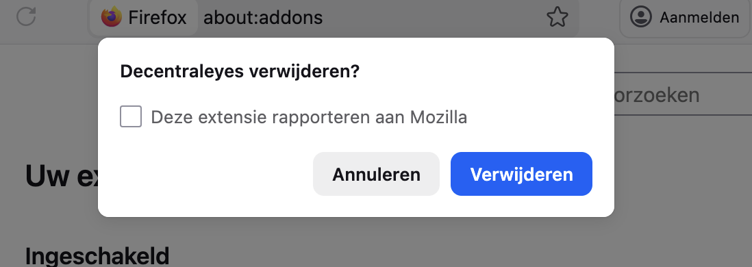 Om het verwijderen van de extensie in Mozilla Firefox op je MacBook te voltooien, klik je in het nieuwe venster op ‘Verwijderen’.