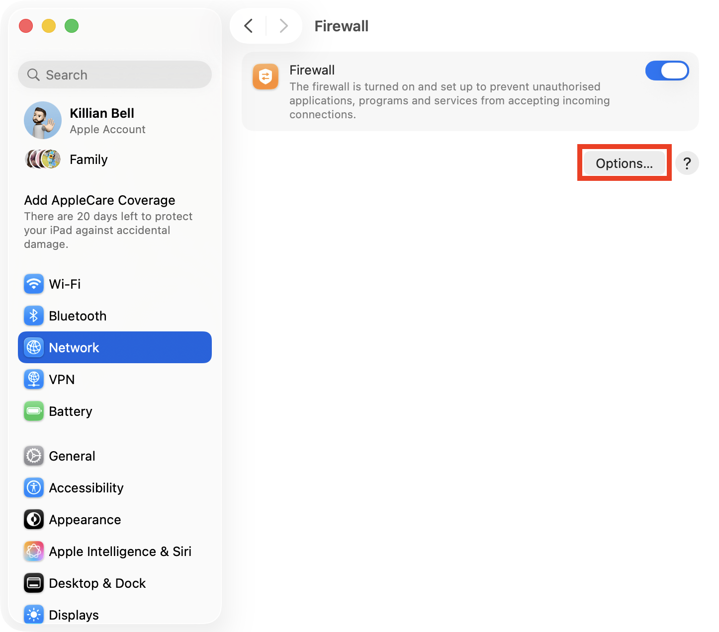The Options button inside System Settings > Network on Mac. Here, you can check your firewall settings to fix issues that can cause the NSURLErrorDomain error -1012 message.