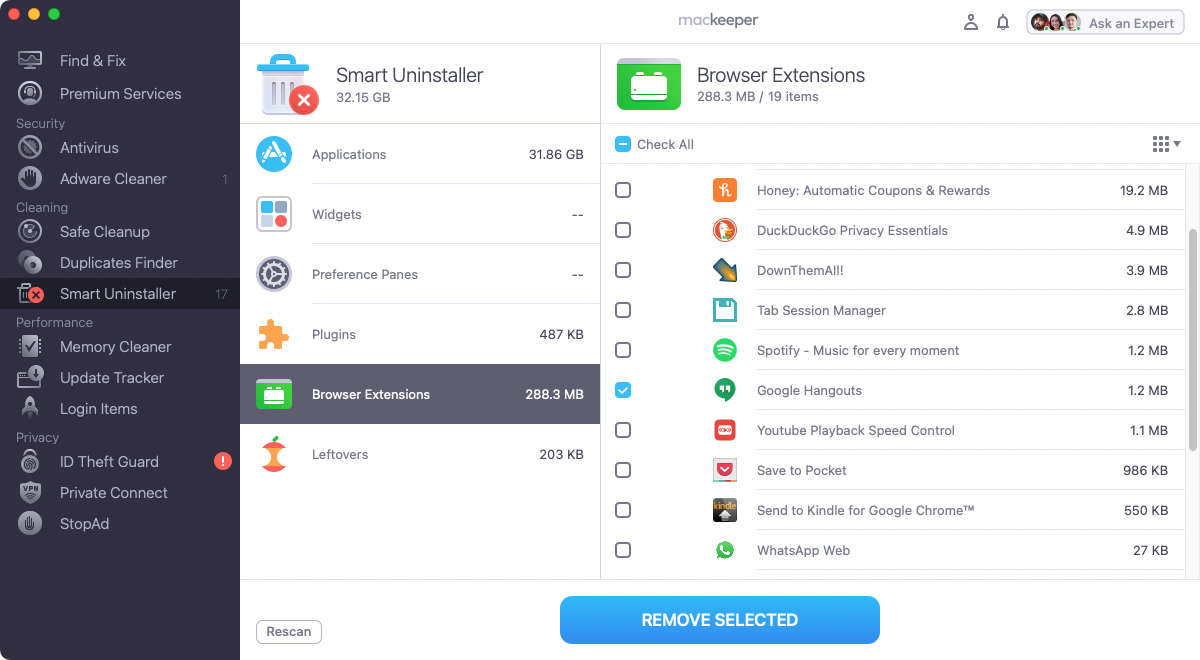 Removing browser extensions in MacKeeper.
