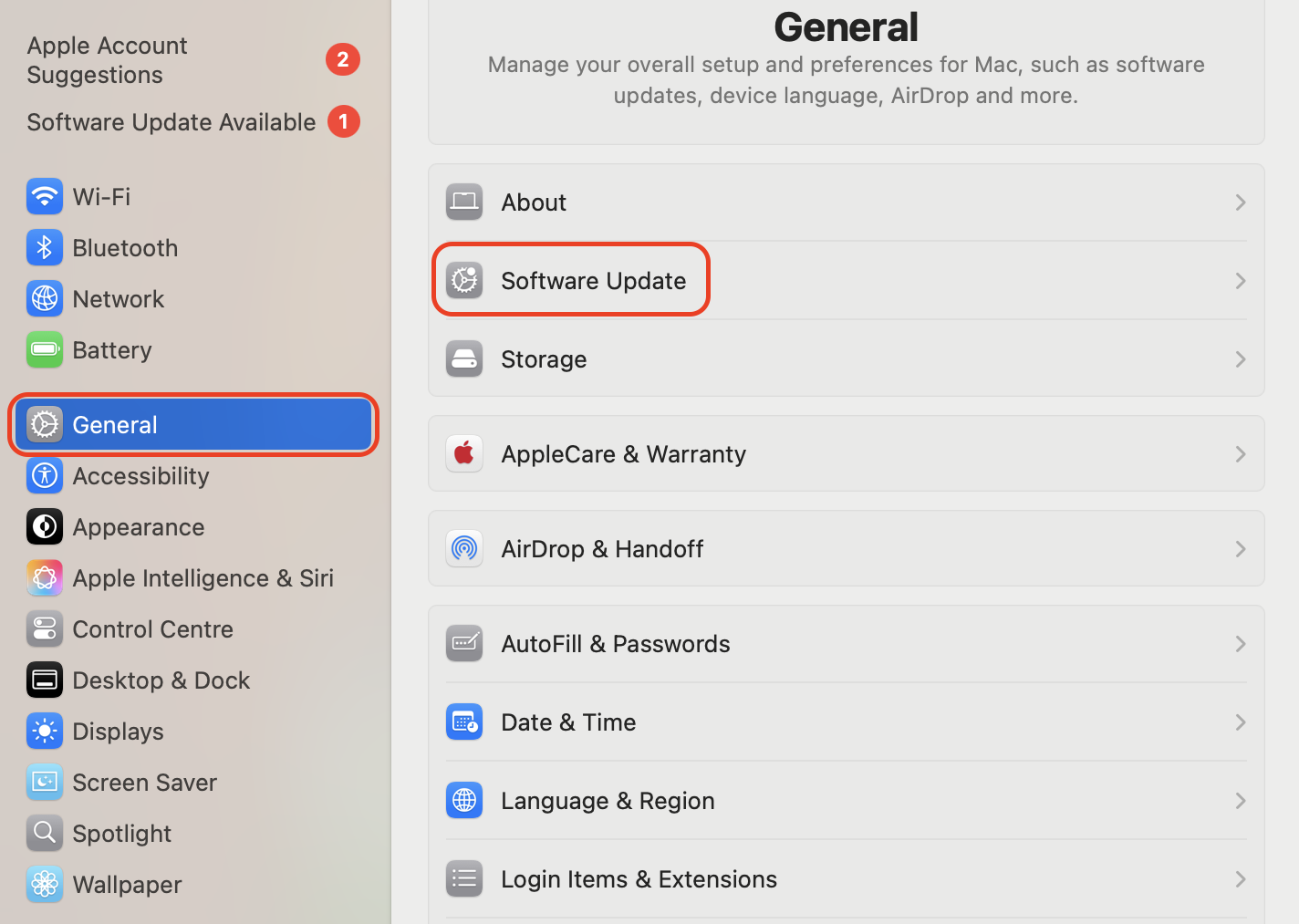 Navigate to System Settings, then select General, and click Software Update to check for available macOS updates.