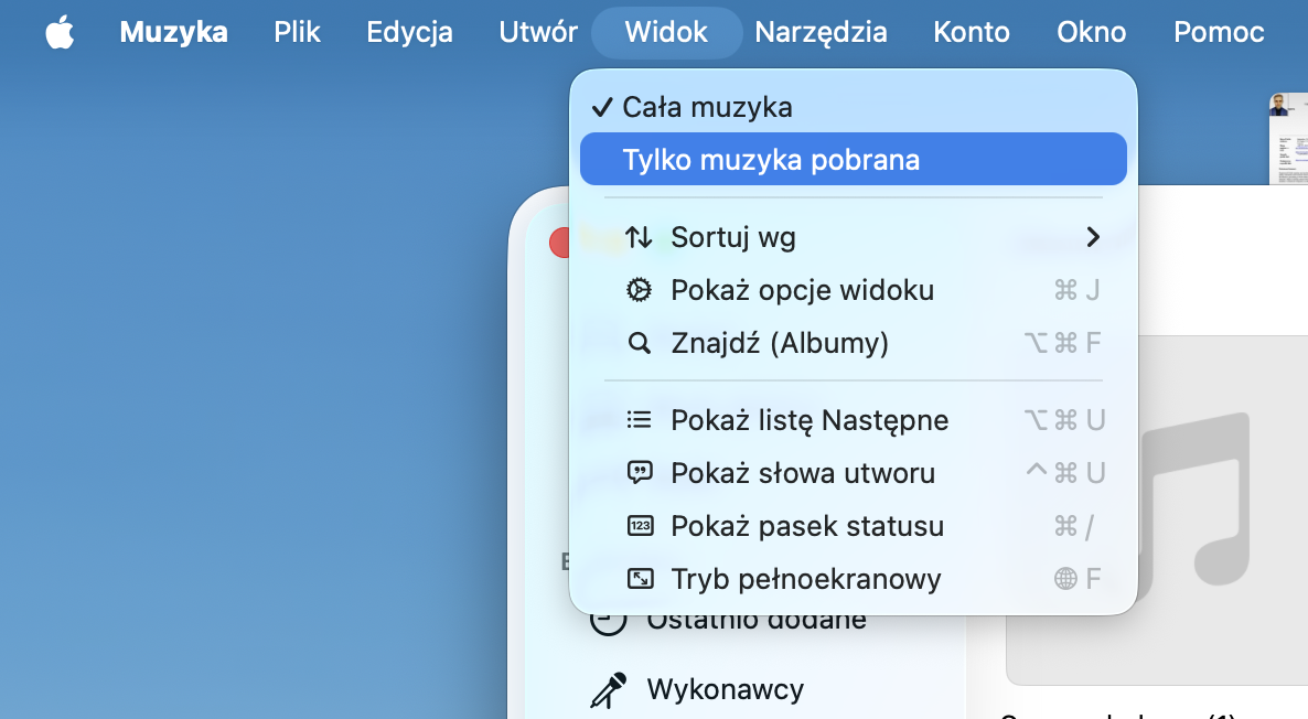 Na pasku menu wybierz zakładkę Widok i kliknij Tylko muzyka pobrana, aby zobaczyć listę zapisanej muzyki