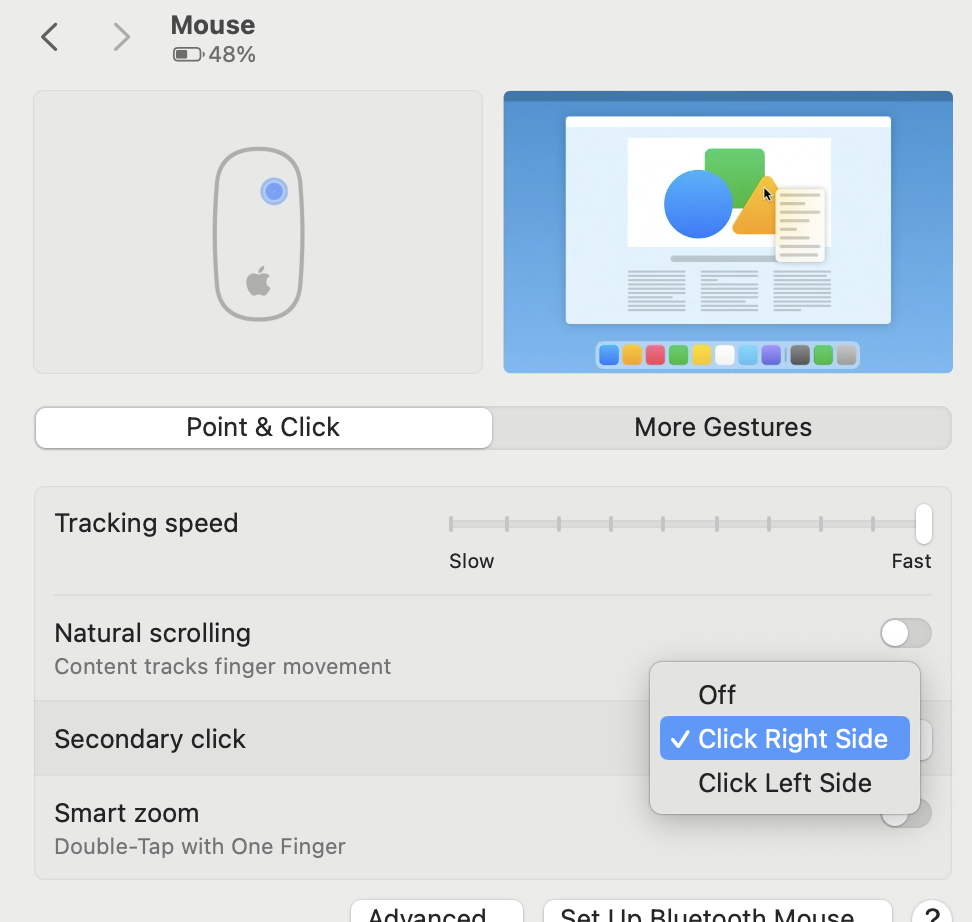 In your Mac's mouse, settings, make sure that 'Click Right Side' is selected in the section called 'Secondary click'.