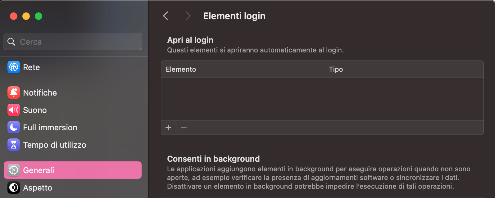 Cerca gli elementi di login per vedere se ci sono app o estensioni che vuoi rimuovere dall'avvio automatico al momento dell'accesso.