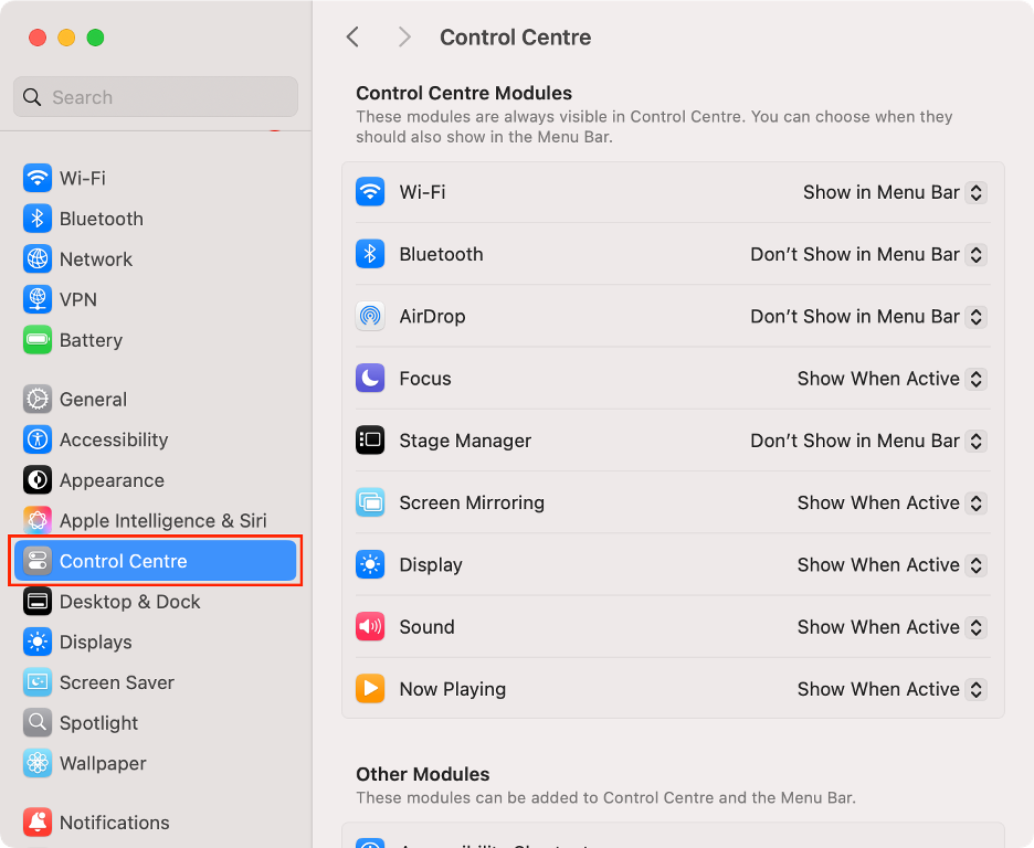 To adjust your Mac’s menu bar, open System Settings from your Dock, then choose Control Center from the sidebar.
