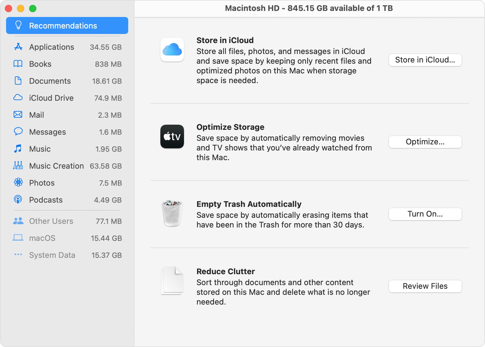 The Recommendations inside the Storage app on Mac. See the tips to free up space for software updates when you find macOS Monterey cannot be installed on Macintosh HD.