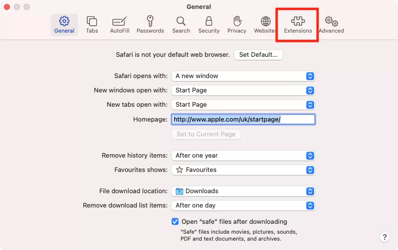 safari preferences extensions tab