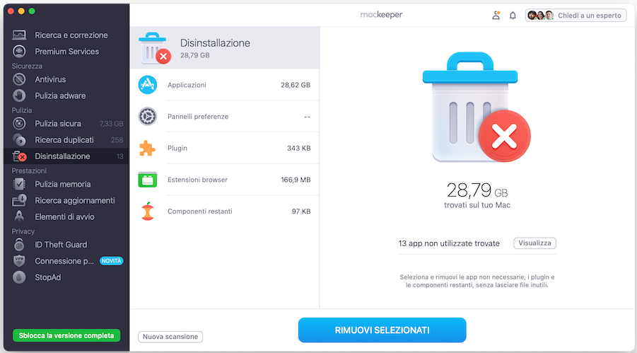 MacKeeper su Mac mostra lo strumento Disinstallazione. Dopo aver eseguito la scansione del Mac, seleziona le app e gli altri elementi che vuoi disinstallare, quindi clicca su Rimuovi selezionati.