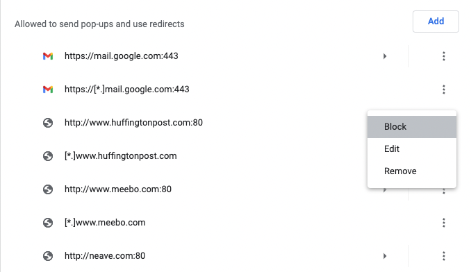 Blocking pop-ups for one site in Chrome.