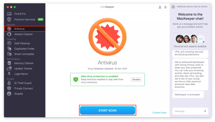 To delete the Shlayer malware, open MacKeeper’s Antivirus and click Start Scan.