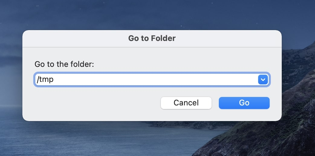 Finder on Mac showing the Go to Folder function. To delete temporary Photoshop files, first enter /tmp then press enter to go to the temporary folder. Finder on Mac showing the Go to Folder function. To delete temporary Photoshop files, first enter /tmp then press enter to go to the temporary folder.