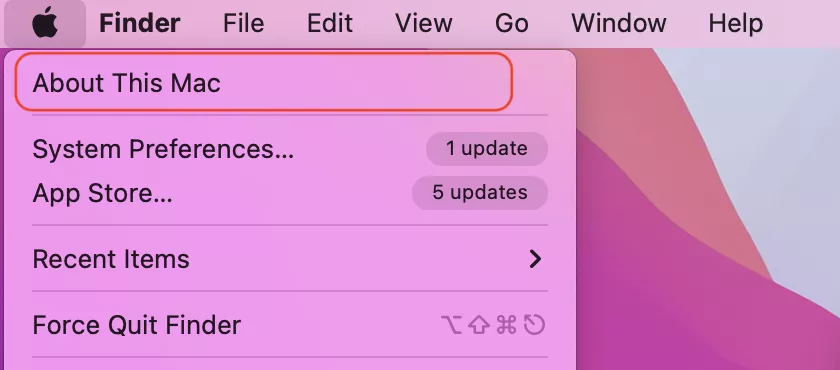 In the Apple menu window, the About This Mac option is selected and highlighted, as the primary step to check the need to update your macOS In the Apple menu window, the About This Mac option is selected and highlighted, as the primary step to check the need to update your macOS