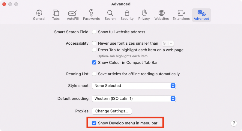 Enable Develop menu in Safari preferences.