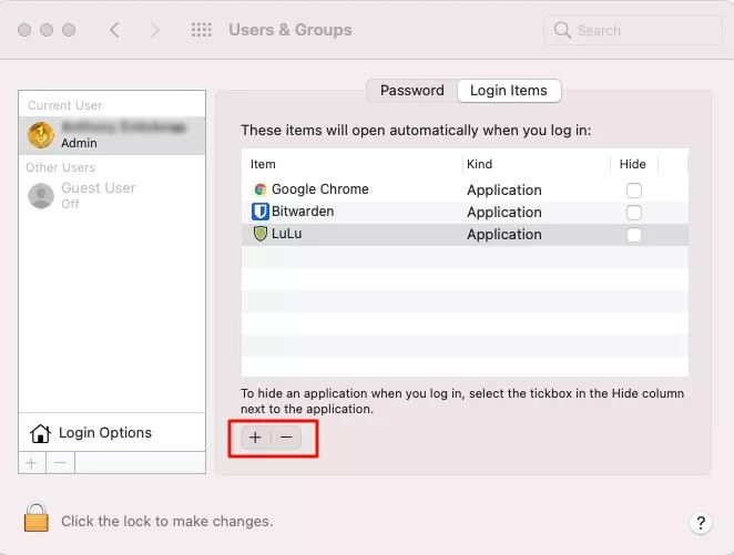 login items tab with the minus button highlighted