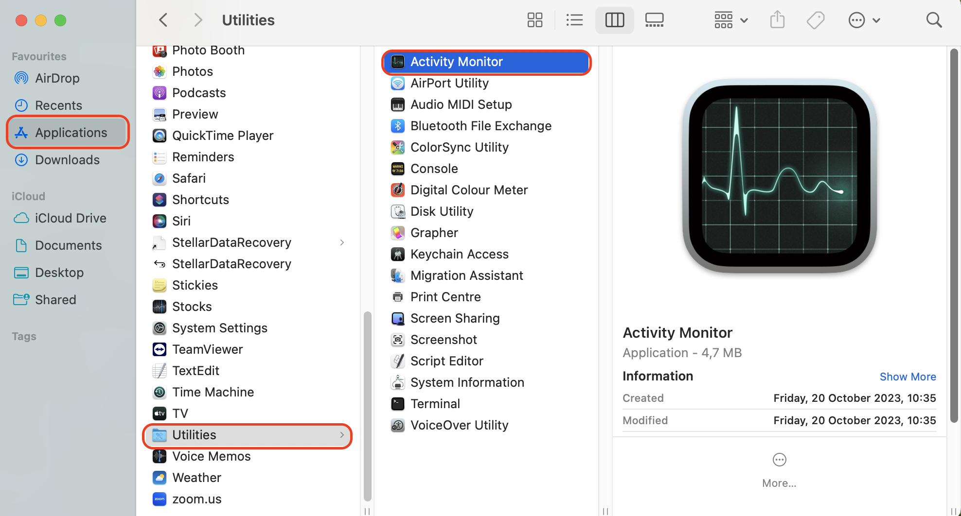 Finder on Mac shows the Utilities folder inside the Applications folder. Double click on Activity Monitor to open it.