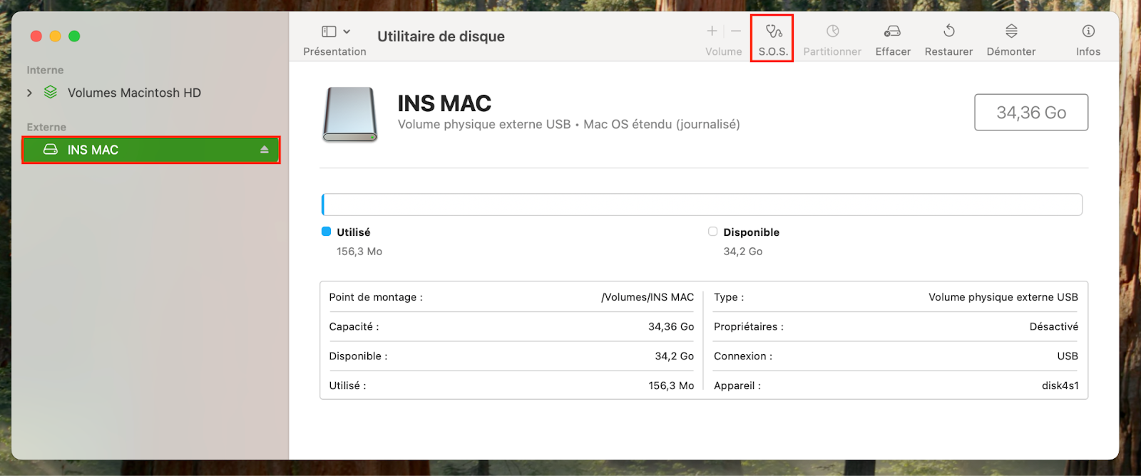 Pour exécuter le programme S.O.S. dans le but de réparer votre disque, choisissez votre clé USB flash sur le côté latéral gauche de la fenêtre et cliquez sur S.O.S. sur le côté droit.