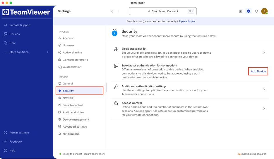 To enhance security when using TeamViewer from a Mac, select Security under DEVICE, then click Add Device to enable two-factor authentication.