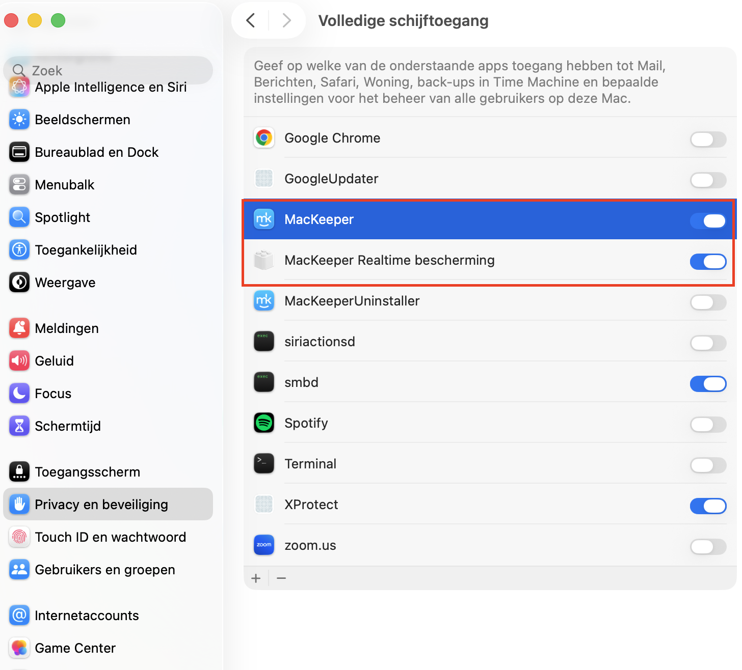 Systeeminstellingen op Mac met het menu Volledige schijftoegang. Schakel MacKeeper Real-time bescherming in om malware op je computer te vinden en te verwijderen.