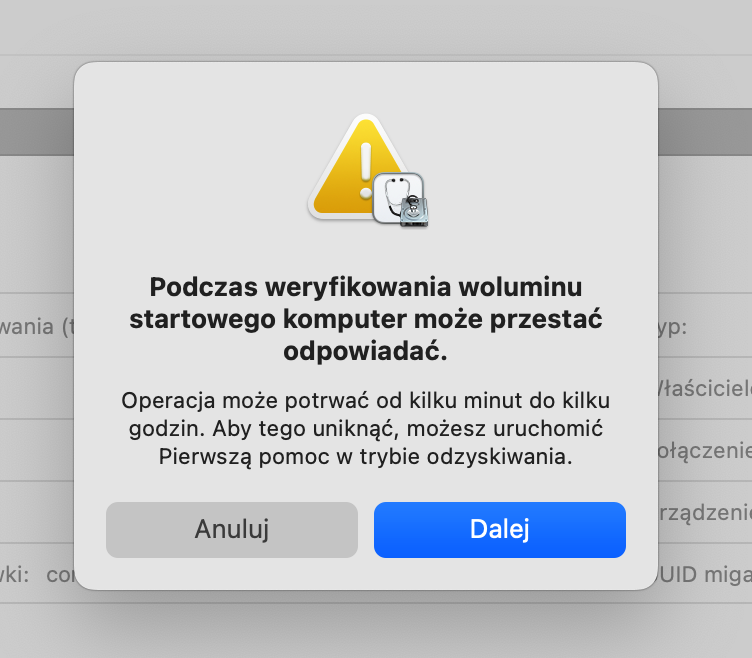 Na koniec zobaczysz komunikat ostrzegawczy, że komputer przestanie na chwilę reagować. Nie martw się i kliknij Dalej