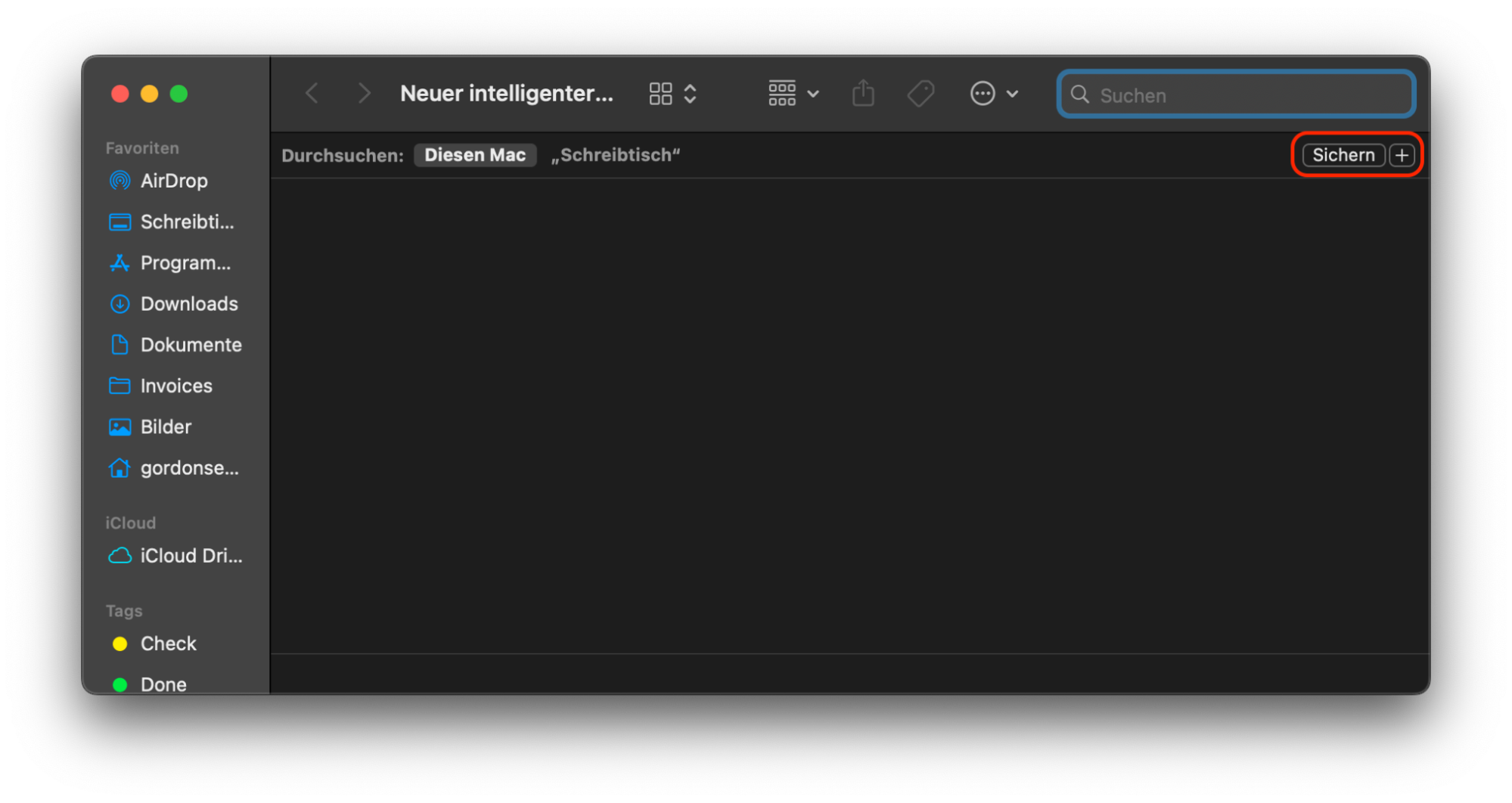 Erstellen und verwenden Sie anschließend neue intelligente Ordner im Finder, um Duplikate auf dem Mac zu finden. So sieht der neue intelligente Ordner mit Suchleiste aus.